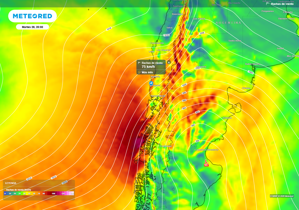 Este viento será más importante en sectores de la cordillera y precordillera del Maule a la Región de La Araucanía, y también en sectores del litoral de La Araucanía hasta la parte norte de Aysén.