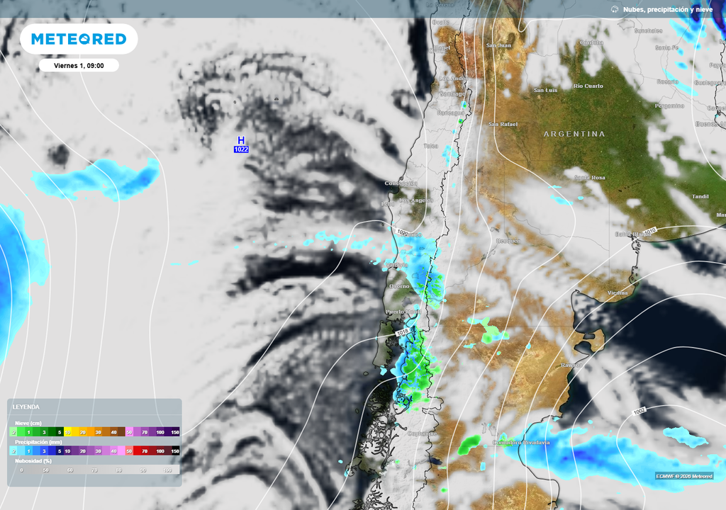 Esta banda frontal se moverá por lo menos hasta la Región de La Araucanía impulsada por el aire frío del anticiclón
