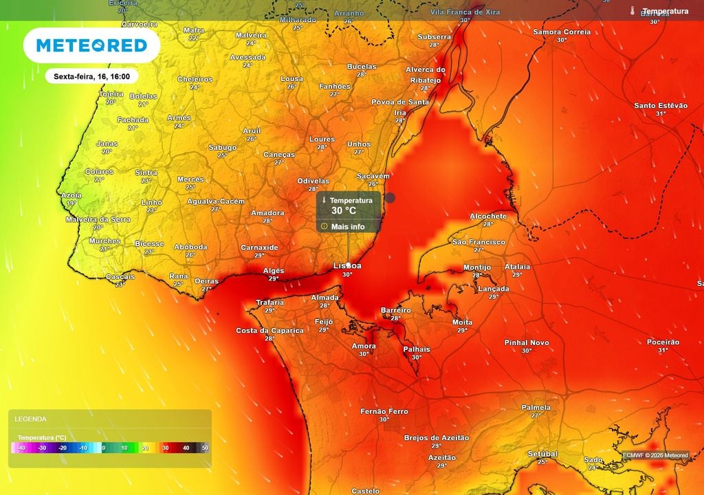 temperatura do ar à superfície A cidade de Lisboa poderá registar temperaturas máximas entre os 26 ºC e os 30 ºC entre amanhã, terça-feira, e sábado.