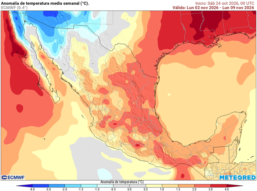 Anomalía de temperaturas para la primera semana de noviembre Gran parte de México tendrá un inicio de noviembre más caluroso de lo habitual por la posición de un anticiclón; excepto el noroeste que tendrá lluvias y frescor.