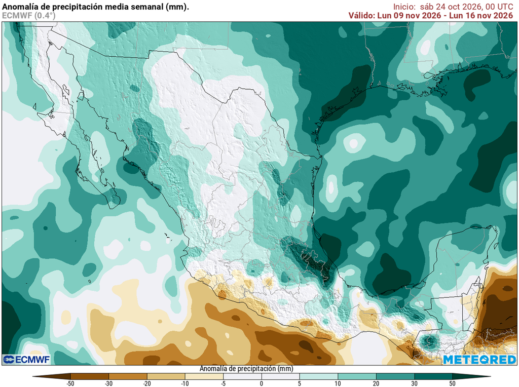 Anomalía de precipitaciones en milímetros a mitad de noviembre Las lluvias pueden incrementarse en la segunda semana de noviembre por efecto de frentes fríos y humedad del Pacífico.