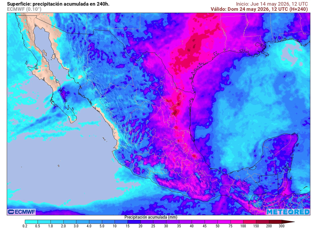 Acumulado de lluvias próximos 10 días Gran parte de México tendrá lluvias en esta segunda quincena de mayo, resaltando el noreste, centro, oriente y sur con 70-150 mm o mayores.