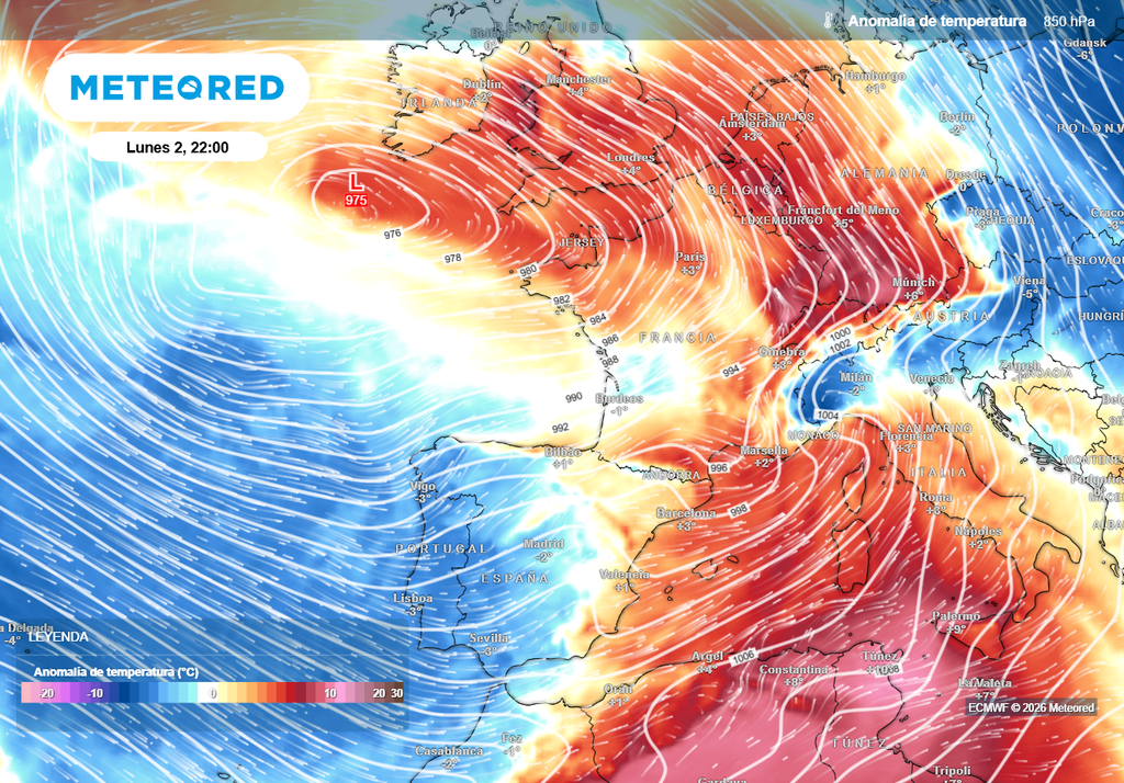 Una masa de aire más fresca irá llegando por el oeste a lo largo del lunes, según el modelo europeo.