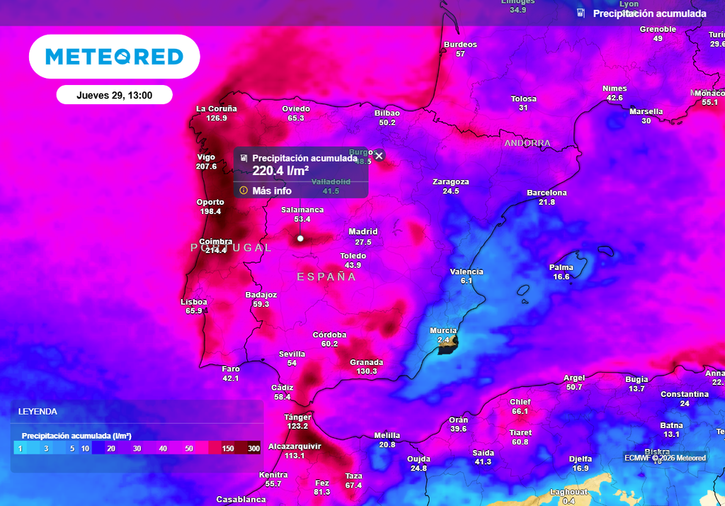 El río de humedad reforzará las precipitaciones de la semana que viene, que serán muy cuantiosas en la vertiente atlántica y en las principales cordilleras.