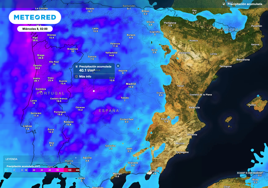 Precipitación acumulada prevista por el modelo europeo entre el lunes y martes. La mitad occidental peninsular recibirá los mayores acumulados.