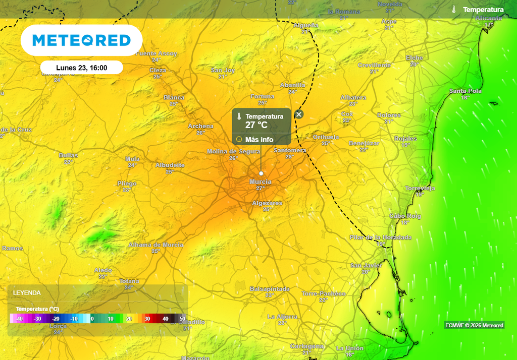 Entre el lunes y el martes se pueden alcanzar los 27-28 ºC en Murcia, según las últimas actualizaciones del modelo europeo.