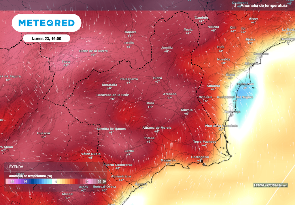 Se prevén valores anormalmente altos en las horas centrales durante el lunes en la Región de Murcia. Las temperaturas estarán más contenidas en la costa por las brisas.