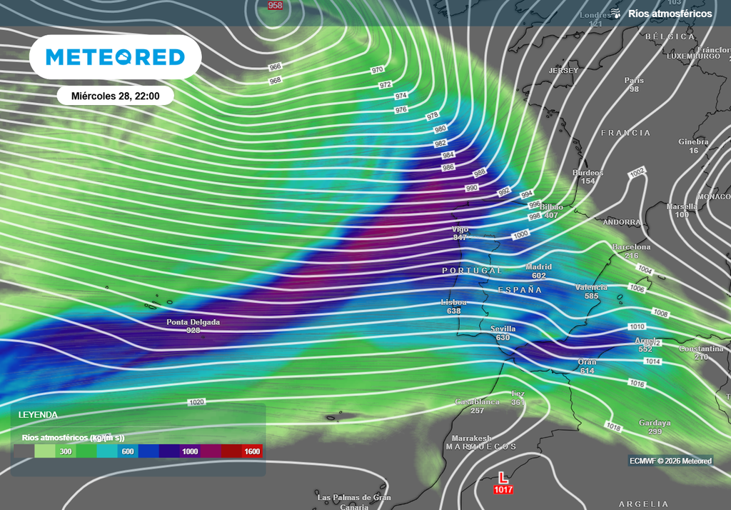El río de humedad incidirá sobre la Península durante buena parte de la semana que viene, según el modelo europeo.