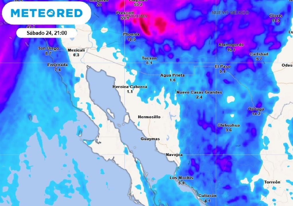 Los principales acumulados se lluvia se esperan en Baja Californía y Chihuahua. Los principales acumulados de lluvia se esperan al norte de Baja California y sierras de Chihuahua, Sonora, Sinaloa y Durango con 20-50 mm y locales superiores benéficos.
