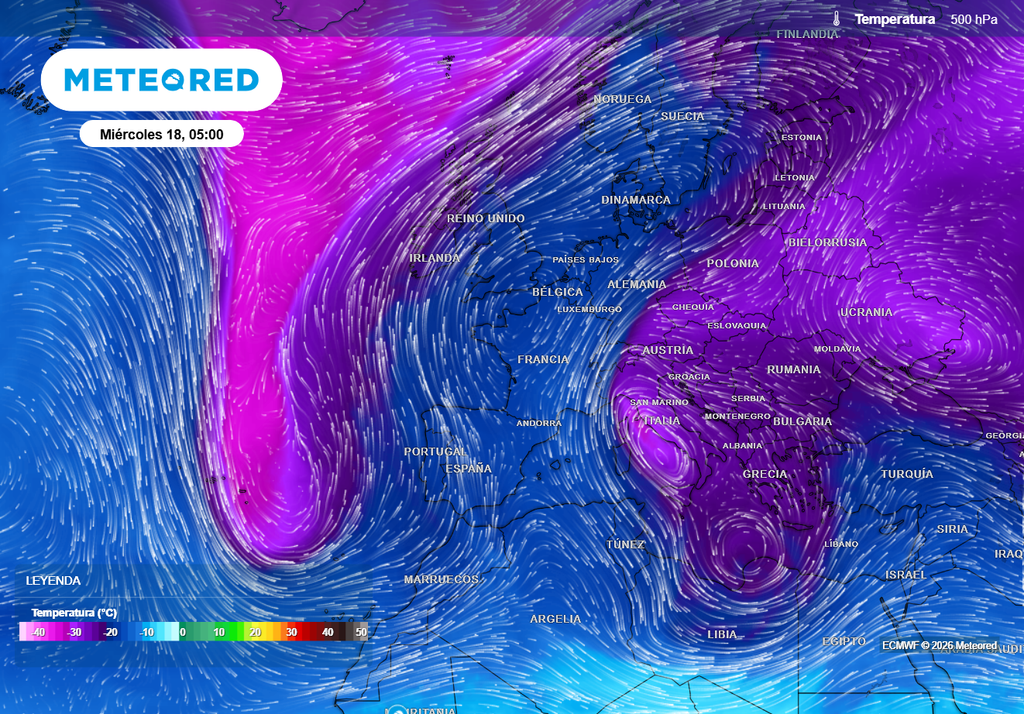 Se configurará un bloqueo en omega, llamado así por su similitud con la letra griega, y la España peninsular quedará entre descuelgues fríos y bajo la cresta anticiclónica.
