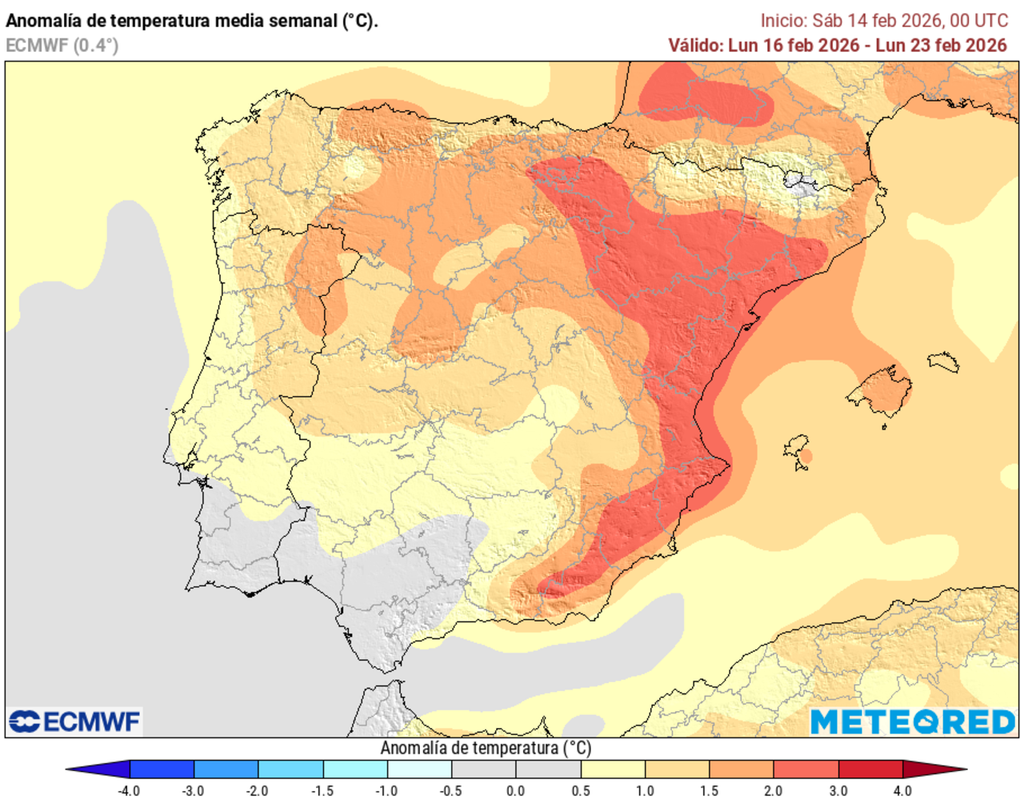 Las temperaturas se situarán por encima de la media en casi todo el país, e incluso en la vertiente mediterránea y valle del Ebro podrían estar hasta 3 ºC más altes respecto al promedio de la época.