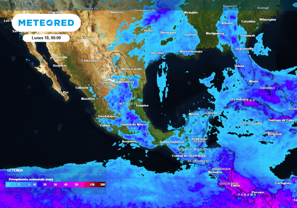 Pronóstico de lluvia acumulada para las próximas 96 horas en México.