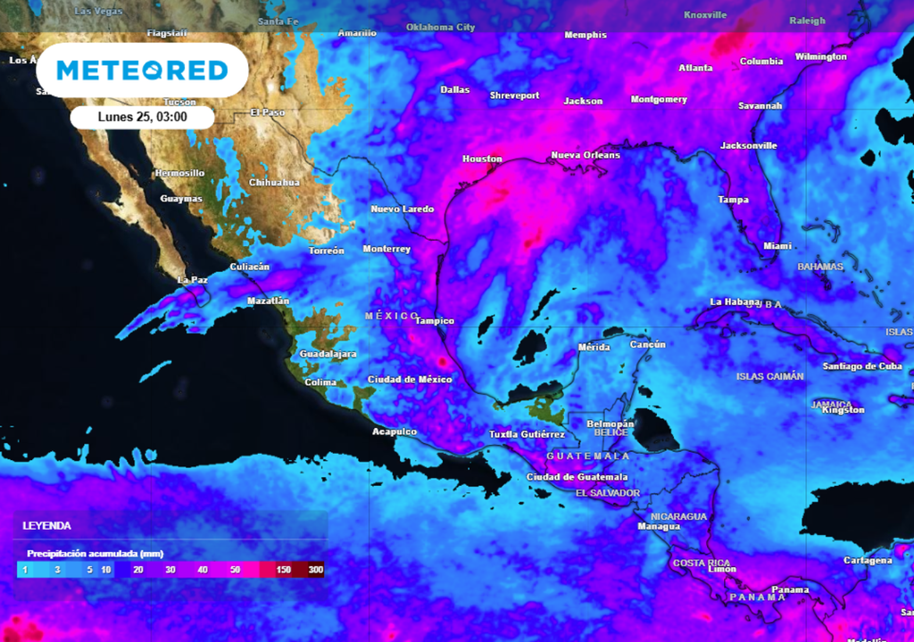 Precipitación Pronóstico de lluvia acumulada para las próximas 48 horas en México.