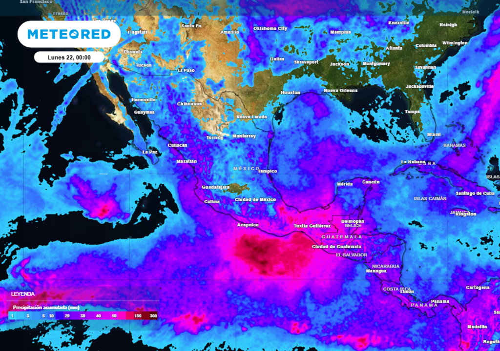 Pronóstico de lluvia acumulada para las próximas 96 horas en México.