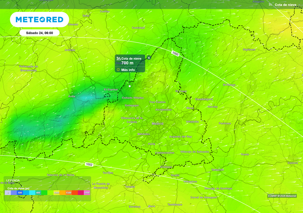 La cota de nieve irá descendiendo en las primeras horas de la mañana. En el mapa se muestra la altitud prevista de la isoterma de 0 ºC en la mañana del sábado.