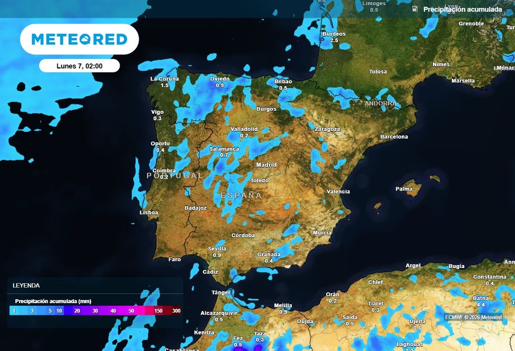 Precipitación acumulada hasta el próximo domingo, inclusiva, debida principalmente a las tormentas que descargarán el próximo fin de semana.