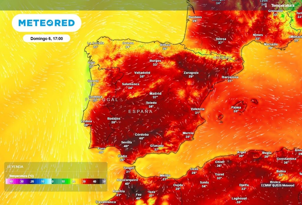 Mapa con las temperaturas previstas en la Península y Baleares el próximo sábado a las 17 h. Repetiremos un día de intenso calor, pero con una bajada de las máximas en el extremo oeste, sobre todo noroeste.