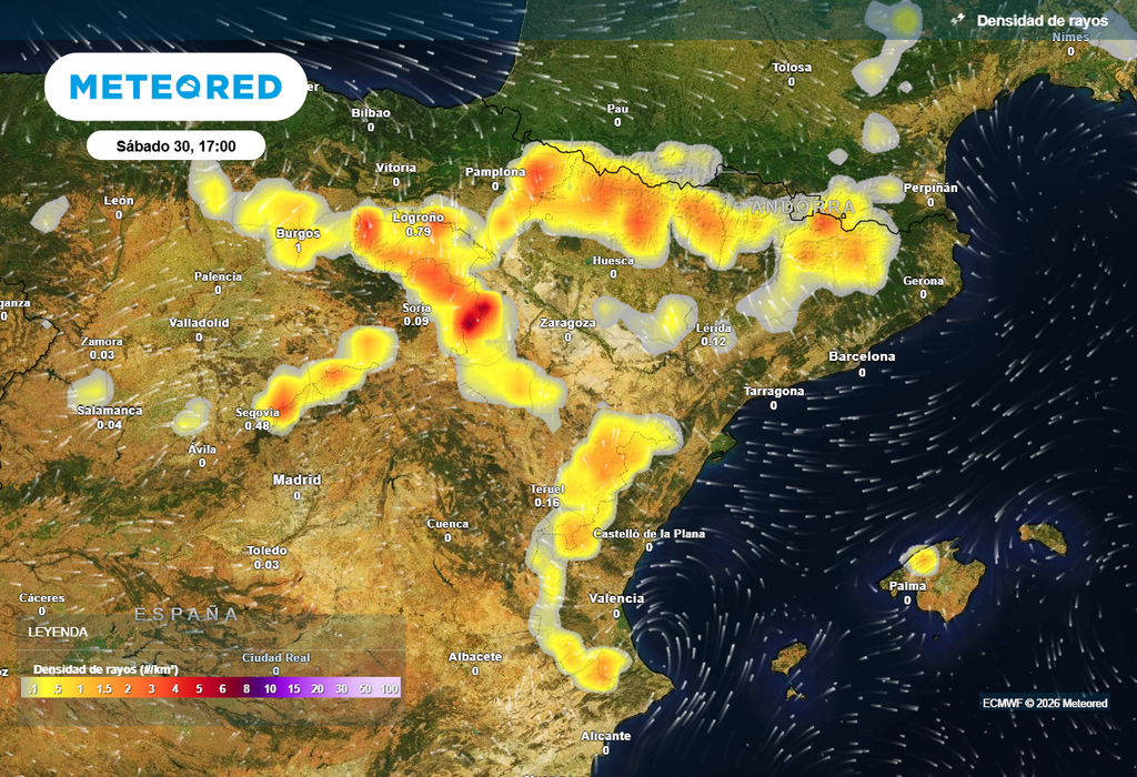 La actividad tormentosa se concentrará en el interior y noreste peninsular a finales de la semana, según el modelo europeo.