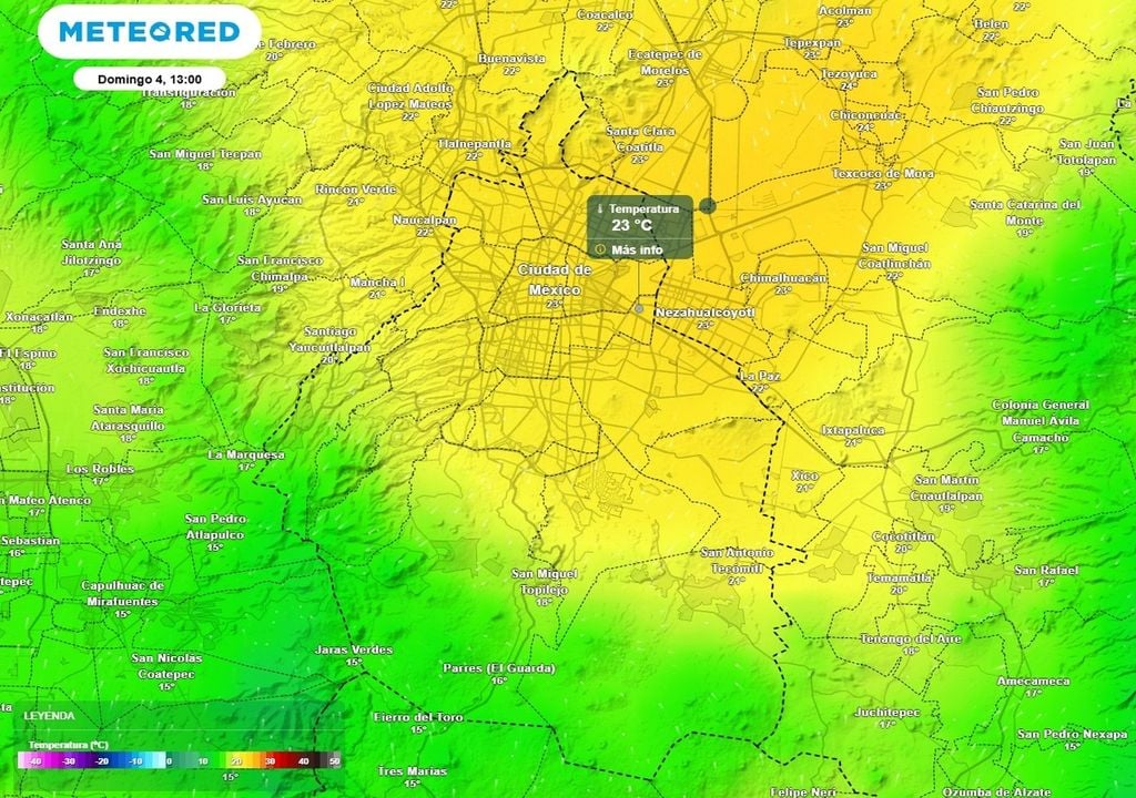 temperatura En la tarde del domingo se pronostica una temperatura máxima que rondará los 23 °C hacia el centro, norte y oriente de la capital.
