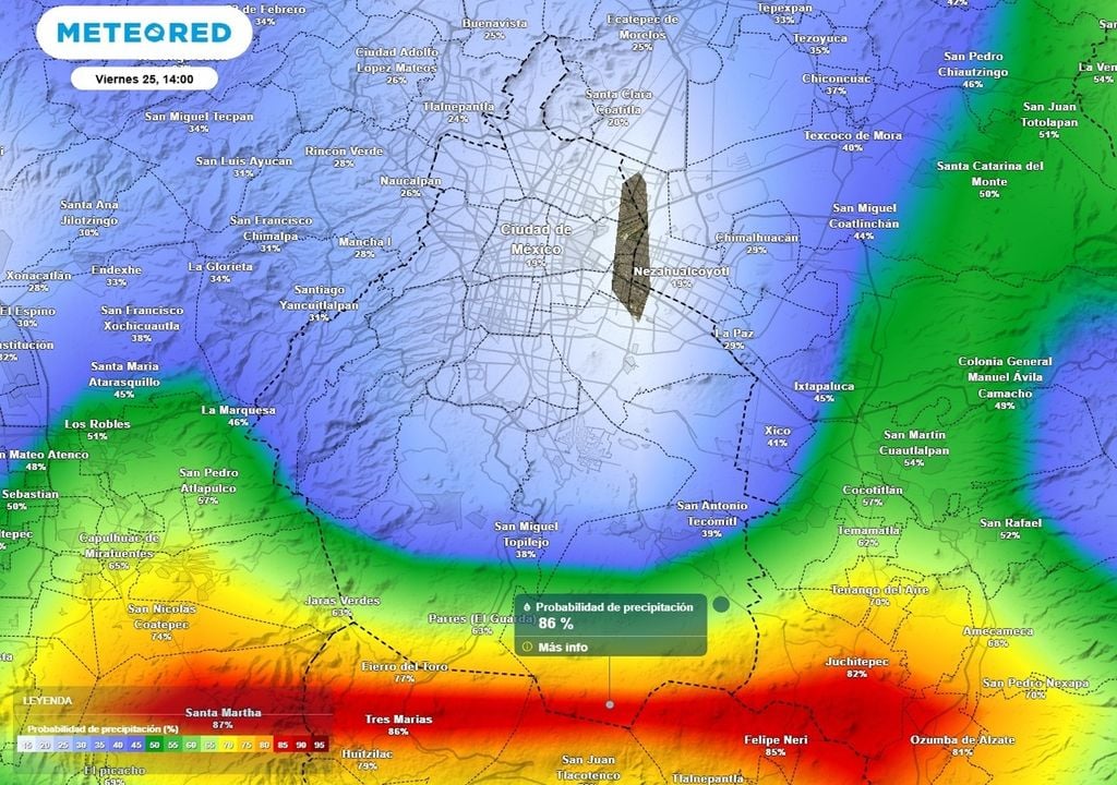 lluvia Alta probabilidad de lluvia en la zona mas alta del sur y poniente de la Ciudad de México.