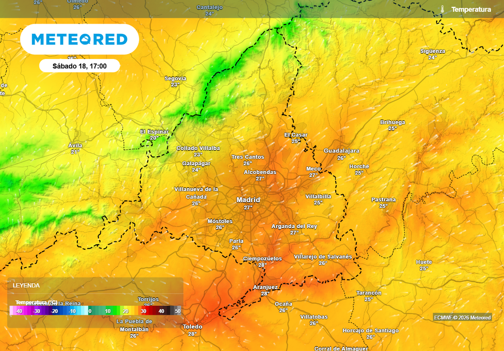 Mapa con las temperaturas máximas previstas el próximo sábado, 18 de abril, en la Comunidad de Madrid y alrededores. En Madrid capital se alcanzarán los 27-28 ºC.