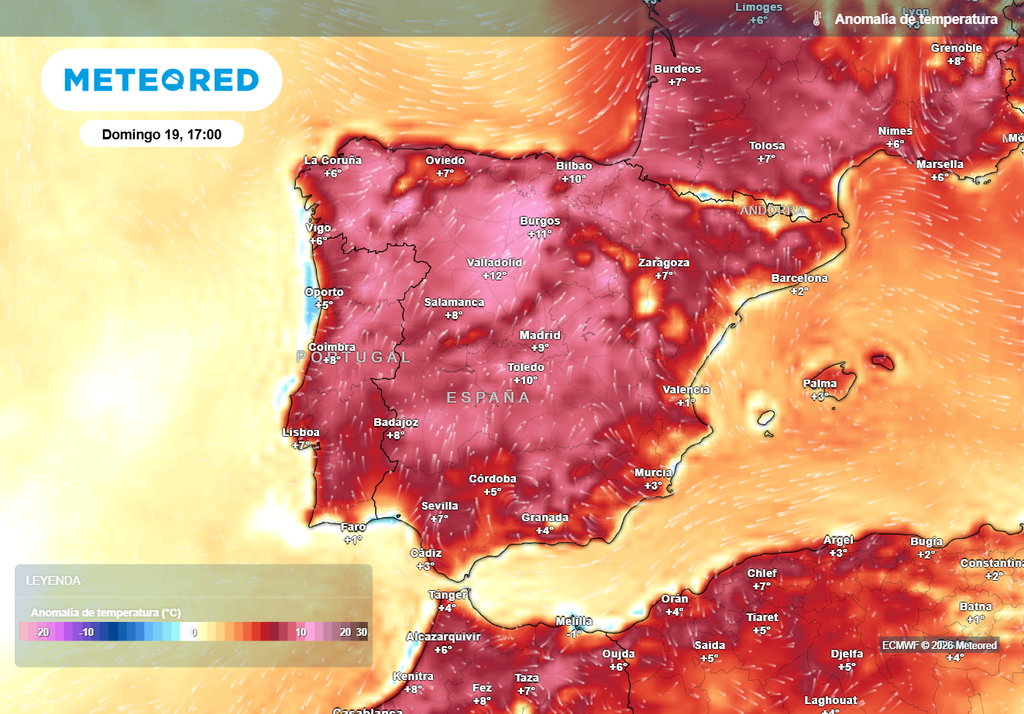 Mapa de anomalías de temperaturas previstas el próximo domingo por la tarde: se esperan valores anormalmente altos en casi toda la España peninsular.