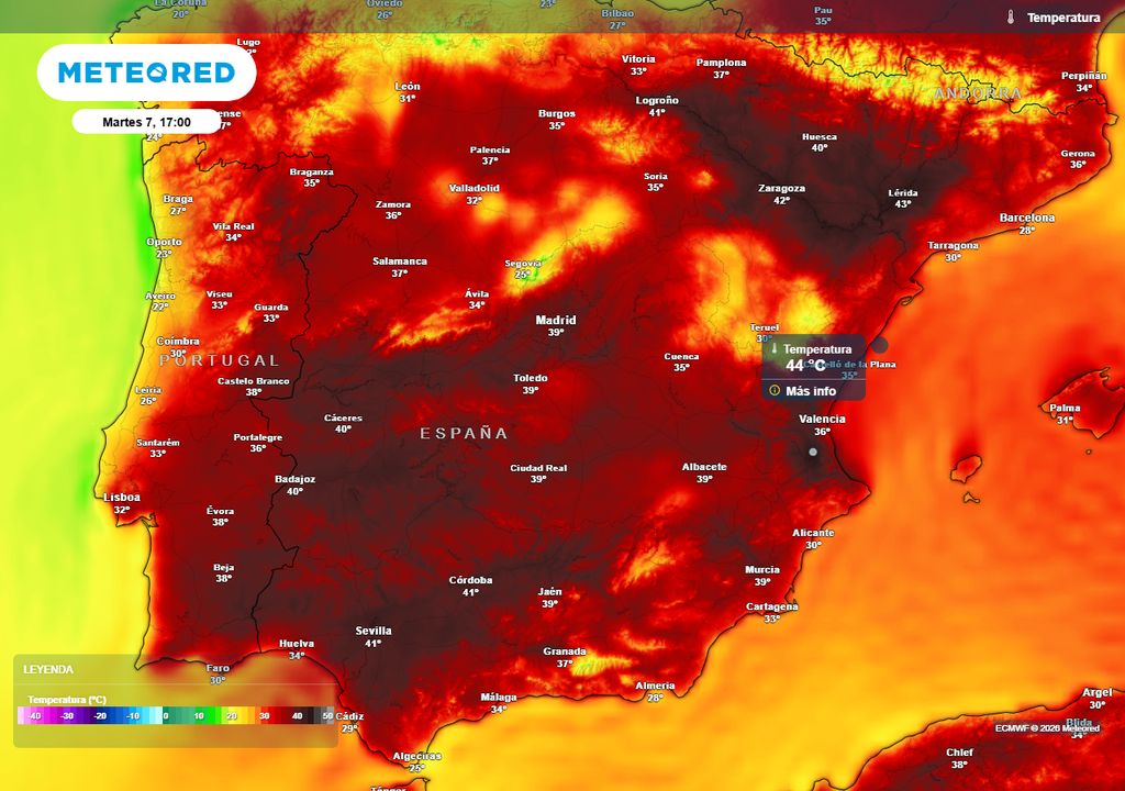 Temperaturas previstas para la tarde del martes 7 de julio. En algunos puntos del interior de la Comunidad Valenciana podrían alcanzarse los 44 ºC.
