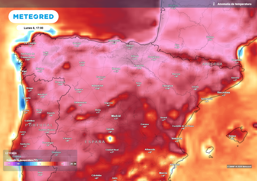 Las anomalías térmicas superarán localmente los 15 ºC, especialmente en puntos del norte peninsular, durante la tarde del lunes 6 de julio.