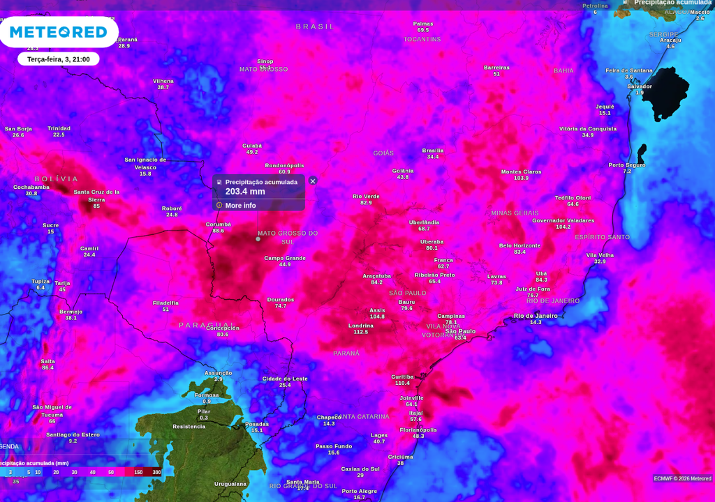 Previsão de chuva acumulada (mm) até terça-feira (3) à noite, de acordo com o ECMWF.