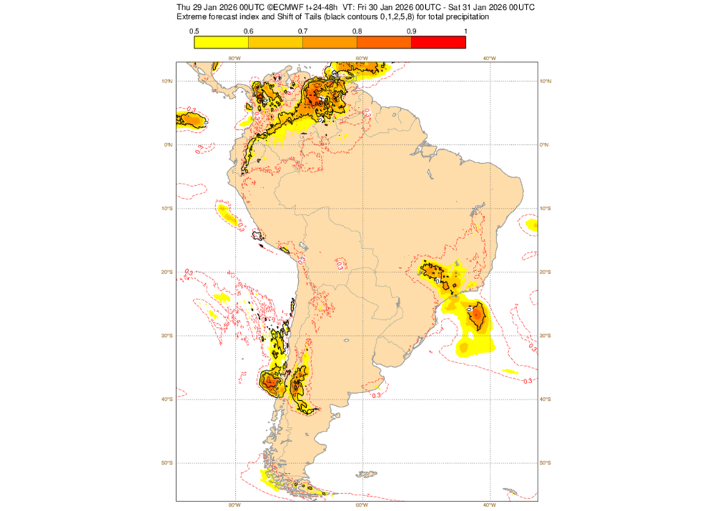 EFI do ECMWF para precipitação nesta sexta-feira (30). Créditos: ECMWF.