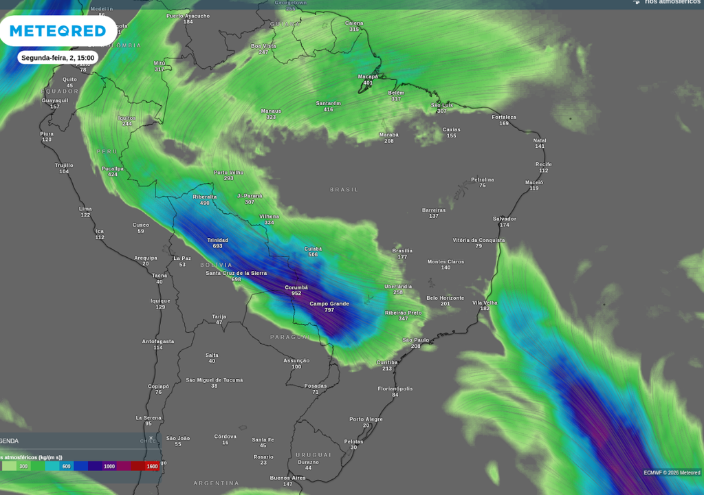 Previsão de rio atmosférico nesta segunda-feira (2), de acordo com o ECMWF.
