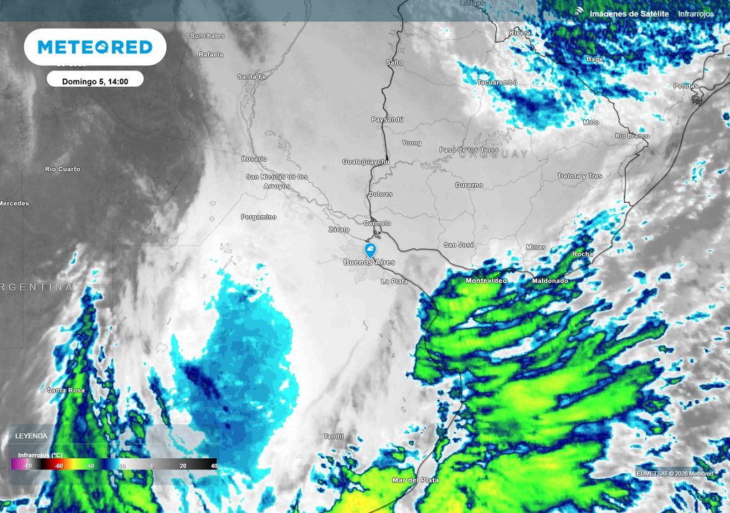 Imágenes de Satélite__Domingo 5 14_ Imagen del canal infrarrojo del satélite GOES 19 del domingo 5 de Julio a las 14 h.