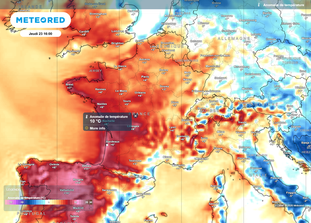 C'est sur la façade atlantique et dans le Sud-Ouest que l'excédent thermique sera le plus important jeudi après-midi, comparativement aux moyennes de saison.