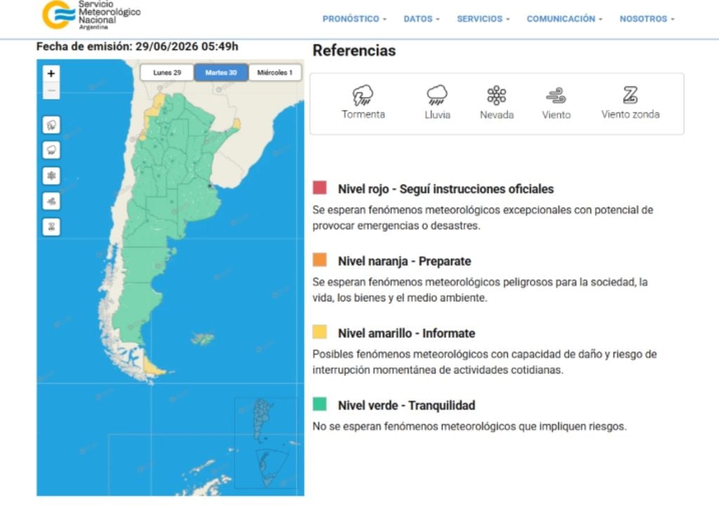 Alertas por vientos, tormentas y nevadas para el martes 30 de Junio.