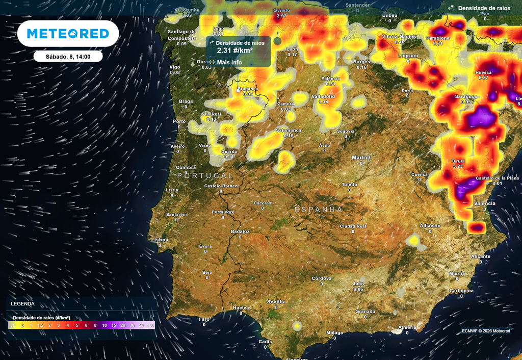 Espera-se que a atividade convectiva se concentre preferencialmente nos distritos de Vila Real, Bragança, Viseu, Guarda e Castelo Branco, onde a probabilidade de ocorrência e a frequência de descargas elétricas será mais elevada.