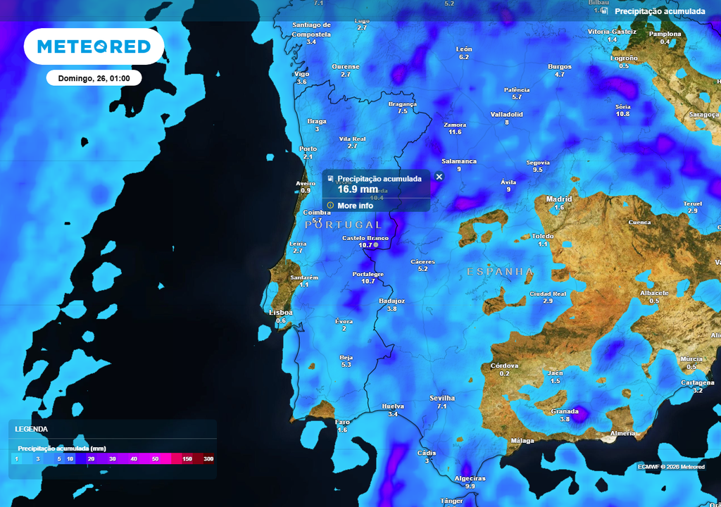 Como já é habitual, a precipitação do tipo convectivo (aguaceiros e trovoadas) assume uma distribuição geográfica muito irregular e intensidades muito variáveis à escala local. Até às 01:00 de domingo, 26 de abril, prevê-se que o interior de Portugal continental registe uma precipitação acumulada superior à do litoral, sobretudo nos distritos da Guarda, Castelo Branco e Portalegre.