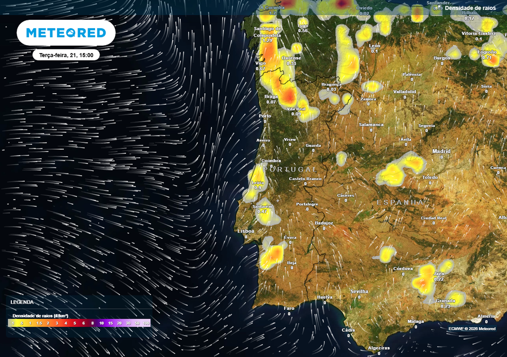 De acordo com o modelo europeu, esta terça-feira, 21 de abril, será um dos dias da presente semana em que as trovoadas serão mais fortes e abrangentes em Portugal continental.