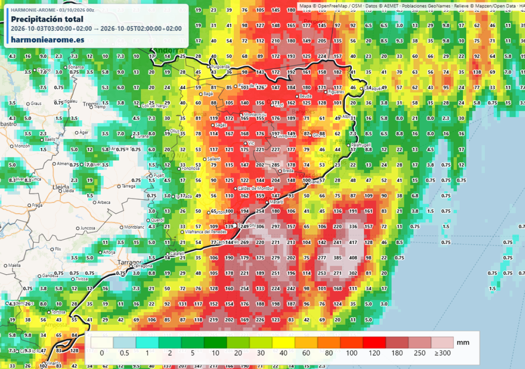 Previsión de acumulados de lluvia del modelo HARMONIE disponible en la web de la AEMET.