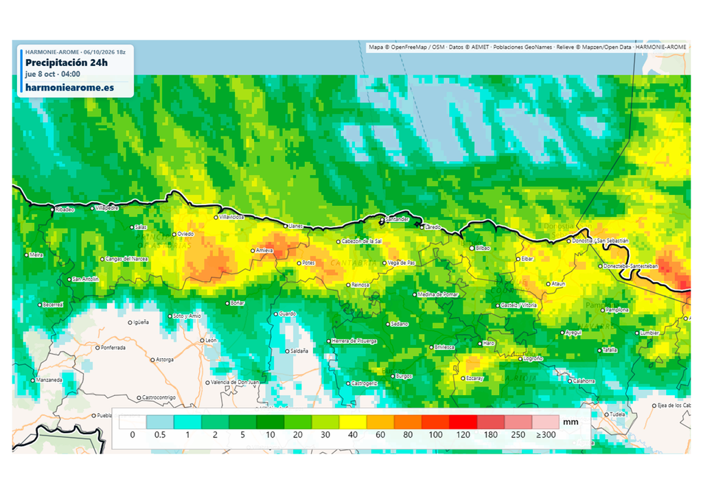 Modelos como el Harmonie o el AROME prevén acumulados de más de 100 l/m2 hasta mañana en zonas de montaña de Asturias y Cantabria. Fuente: Harmoniearome.es