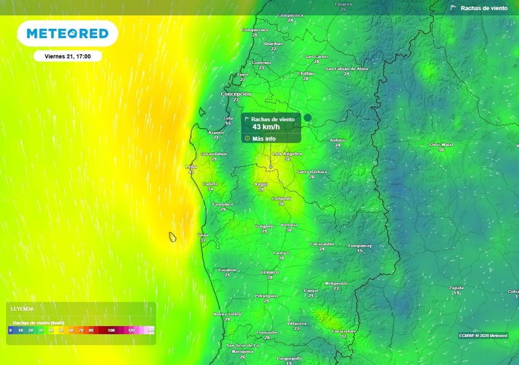 Dorsal en altura dejará rachas de 50 km/h en el centro-sur de Chile Rachas de viento (km/h) para la tarde del viernes (21) en las regiones de Ñuble, Biobío y La Araucanía.