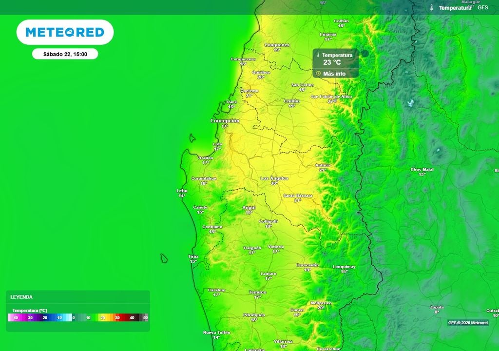 Meteored pronostica hasta 22 ºC para Chile centro-sur Temperatura máxima (°C) para el sábado (22) en las regiones de Ñuble, Biobío y La Araucanía.