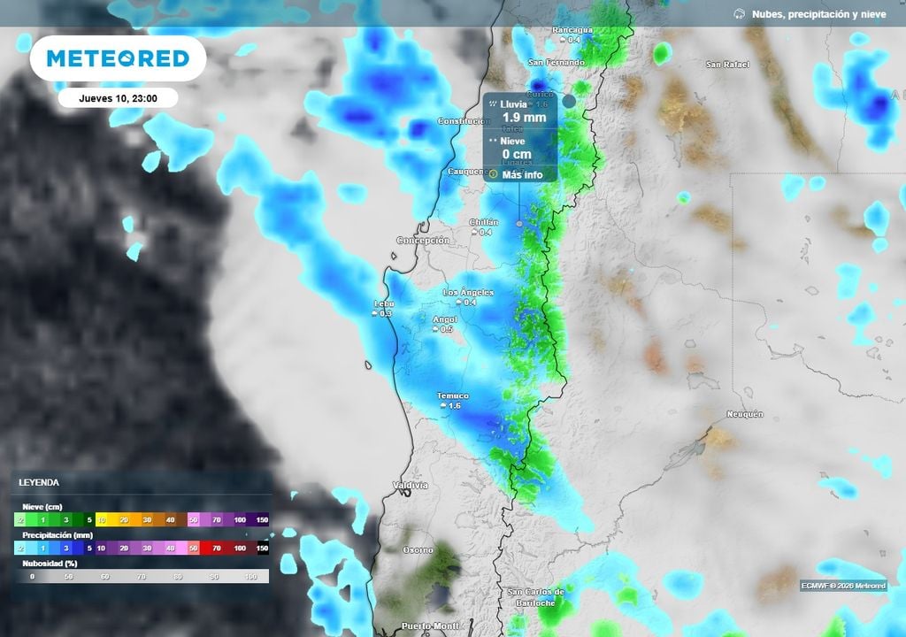 Entre jueves y viernes Meteored pronostica lluvias para Chile centro-sur Precipitación (mm) para la noche del jueves (10) en Chile centro-sur.