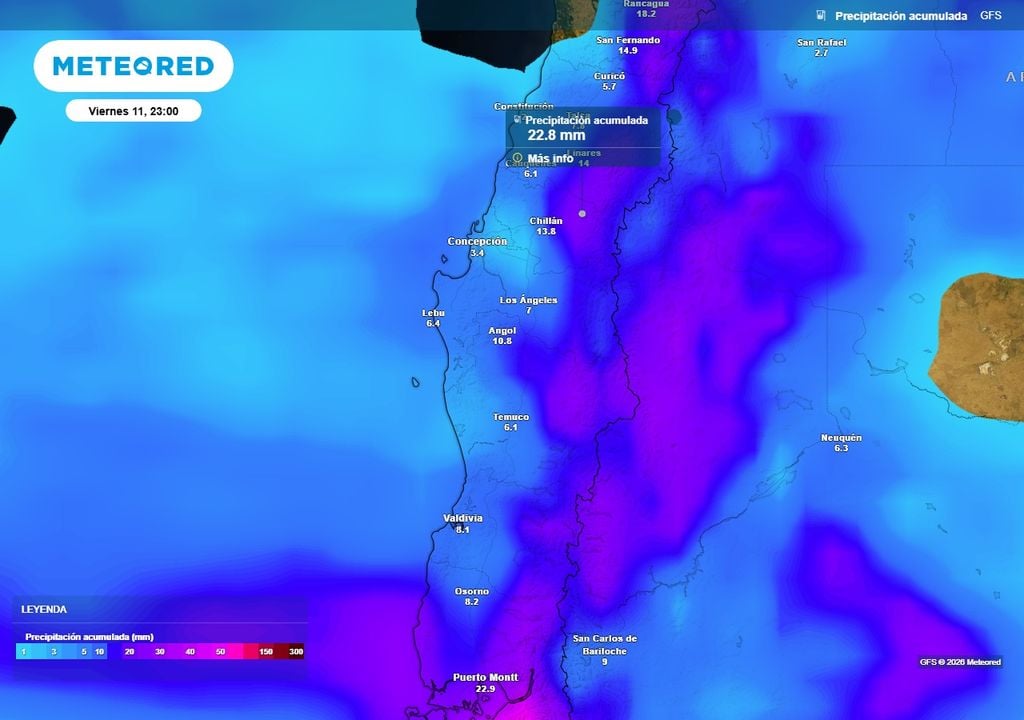 Entre jueves y viernes Meteored pronostica lluvias para Chile centro-sur Precipitación acumulada (mm) hasta la noche del viernes (11) en Chile centro-sur.