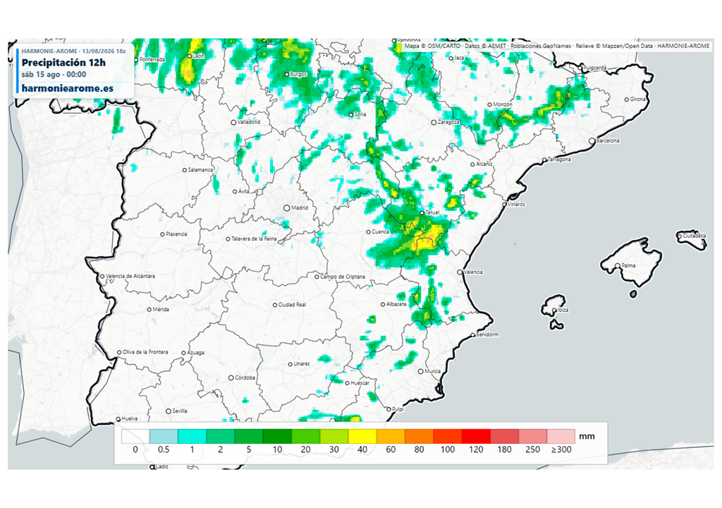 El modelo Harmonie prevé acumulados de lluvia significativos en zonas de los interiores este y norte esta tarde: atención al riesgo de inundaciones repentinas. Fuente: Harmoniearome.es