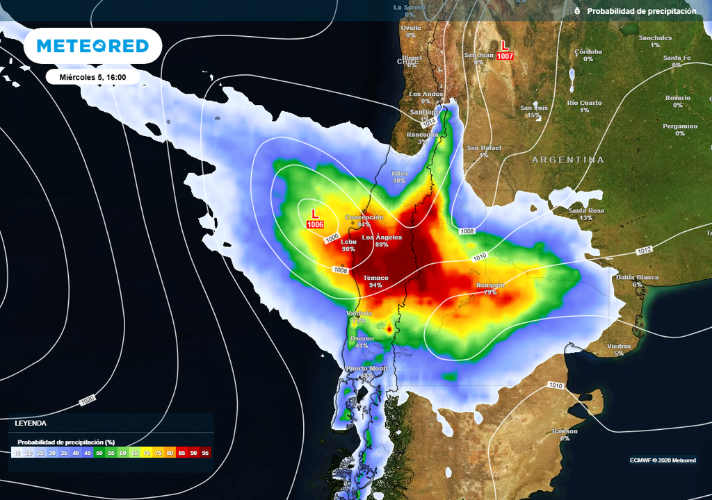 Meteored pronostica un temporal para el miércoles (05) en Chile centro-sur En algunos sectores podrían acumular 50 mm de lluvia en menos de 24 horas.