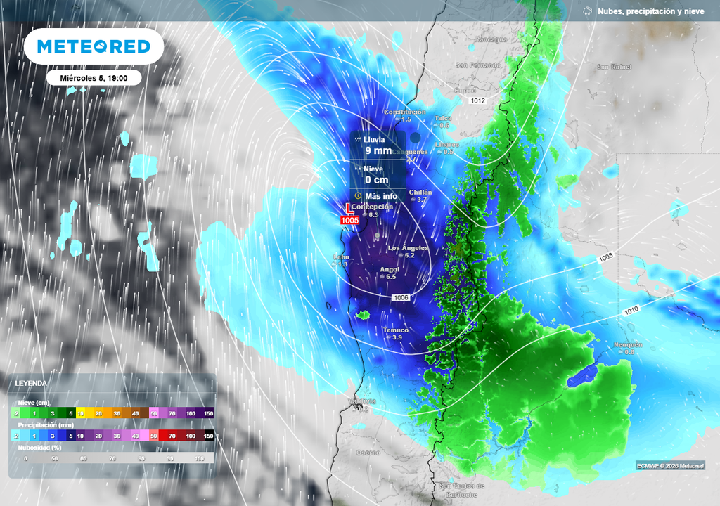 Sistema frontal se aproxima con fuerte lluvia a Chile centro-sur Precipitación (mm) para la tarde-noche del miércoles (05) en Chile centro-sur.