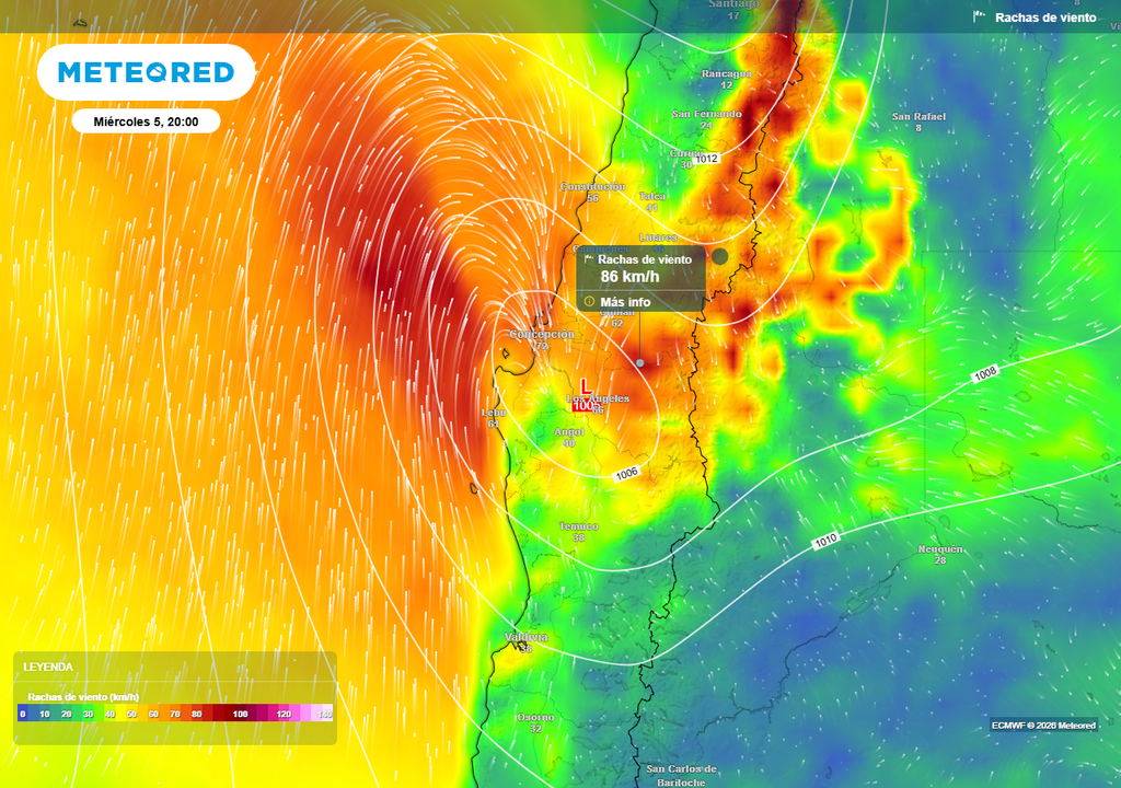 Temporal dejará rachas de viento de 100 km/h en Chile centro-sur Rachas de viento (km/h) para la noche del miércoles (05) en Chile centro-sur.