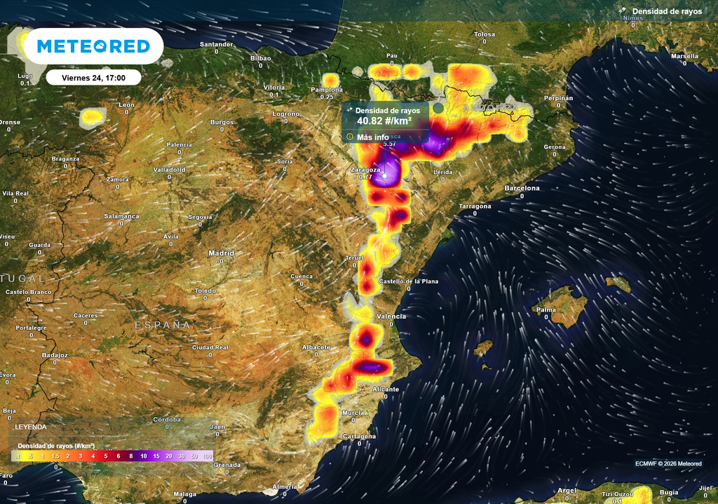 La inestabilidad también será evidente en buena parte del interior del tercio este peninsular, dejando una elevada densidad de rayos.