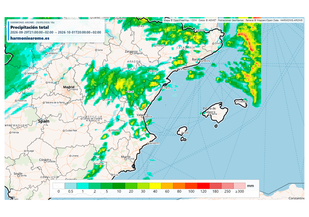 El modelo Harmonie muestra acumulados de lluvia localmente significativos durante el jueves en el este peninsular. Fuente: Harmoniearome.es
