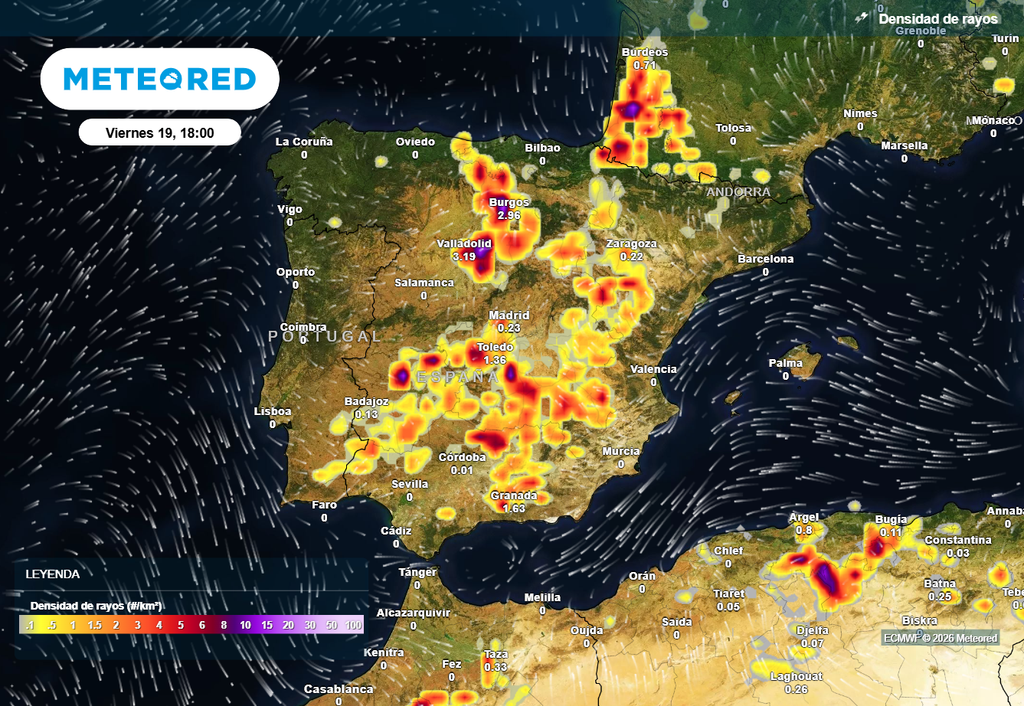 La actividad eléctrica será considerable esta tarde en amplias zonas del interior peninsular.